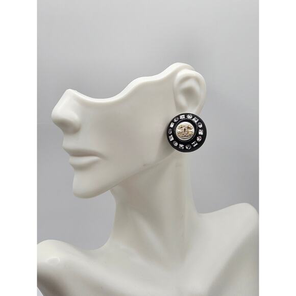 Chanel Black Resin Faux Pearl Crystal CC Stud Earrings - Picture 13 of 14